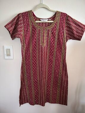 BIBA Women's Patterned Maroon Tunic Shirt Dress with Gold Accents